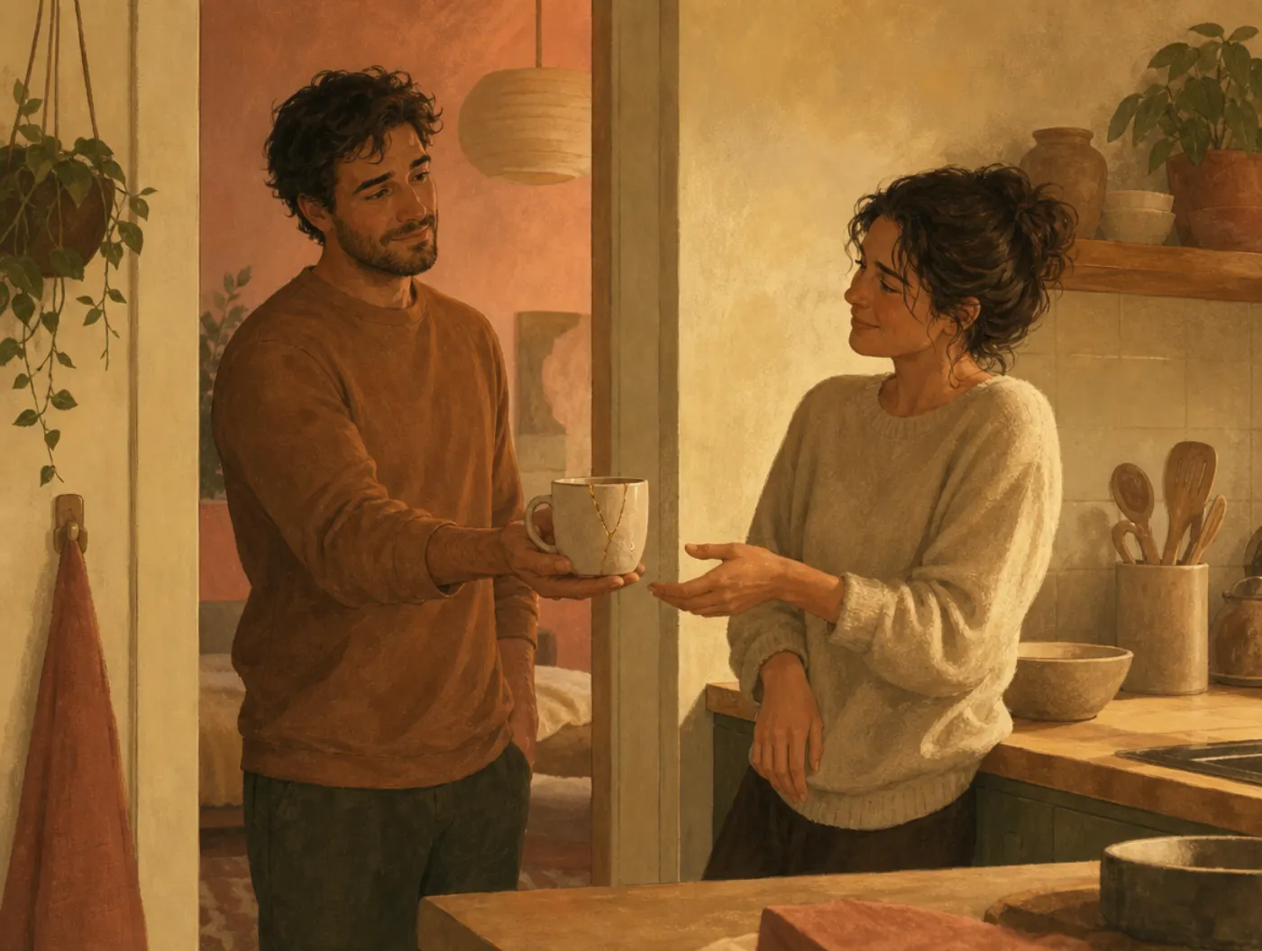 Apology Language Quiz: a man offers his partner a reglued mug, its crack still visible, in a kitchen doorway