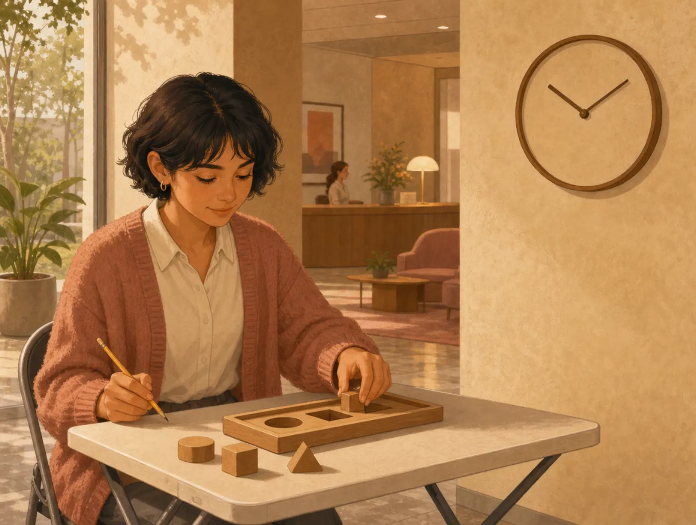 Aptitude Test: a candidate at a lobby table sorting wooden shape blocks into a tray, pencil in hand, before an interview
