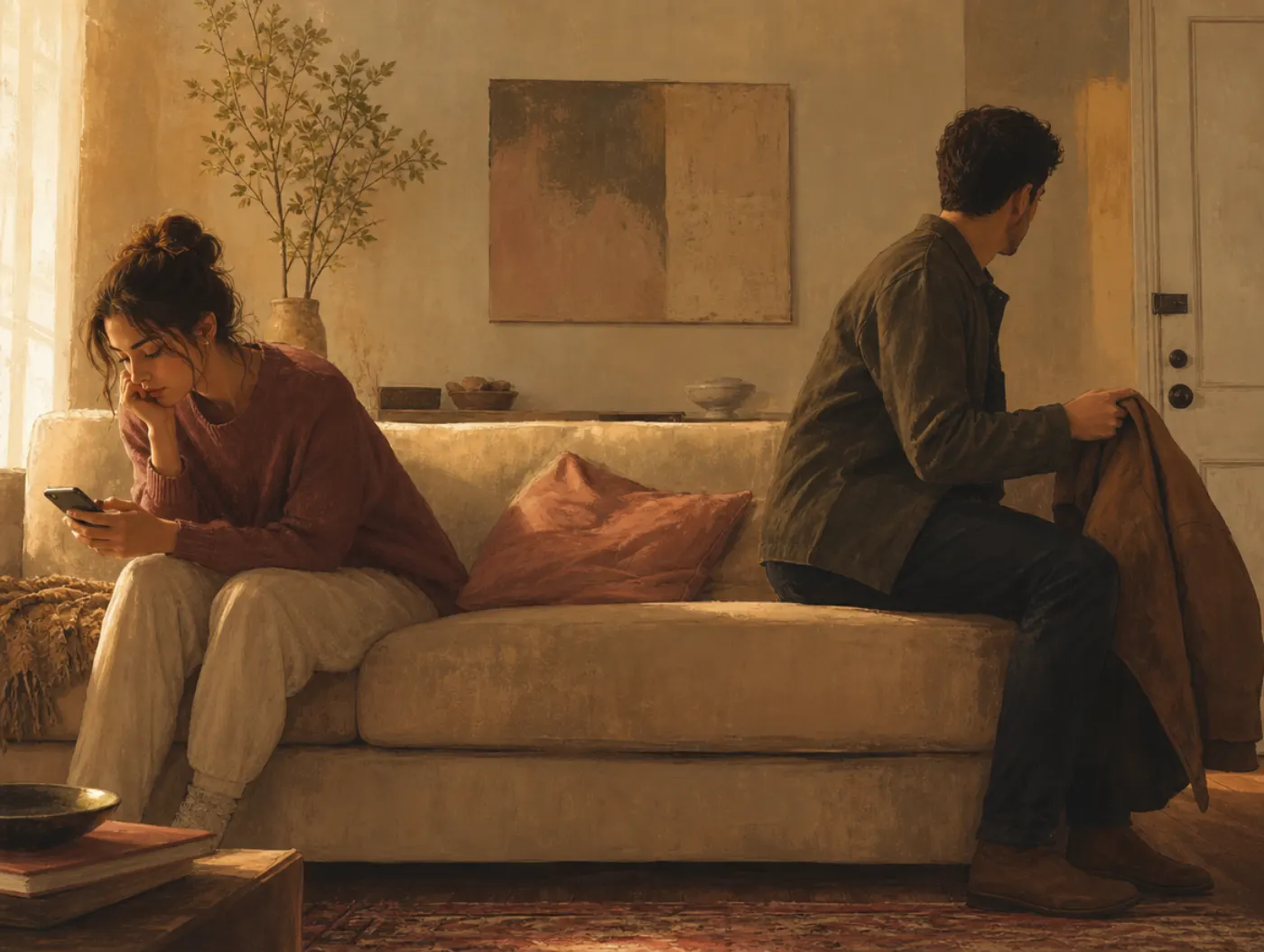 Attachment Style Test: partners on a couch, one checking phone for a reply, the other holding a jacket near the door