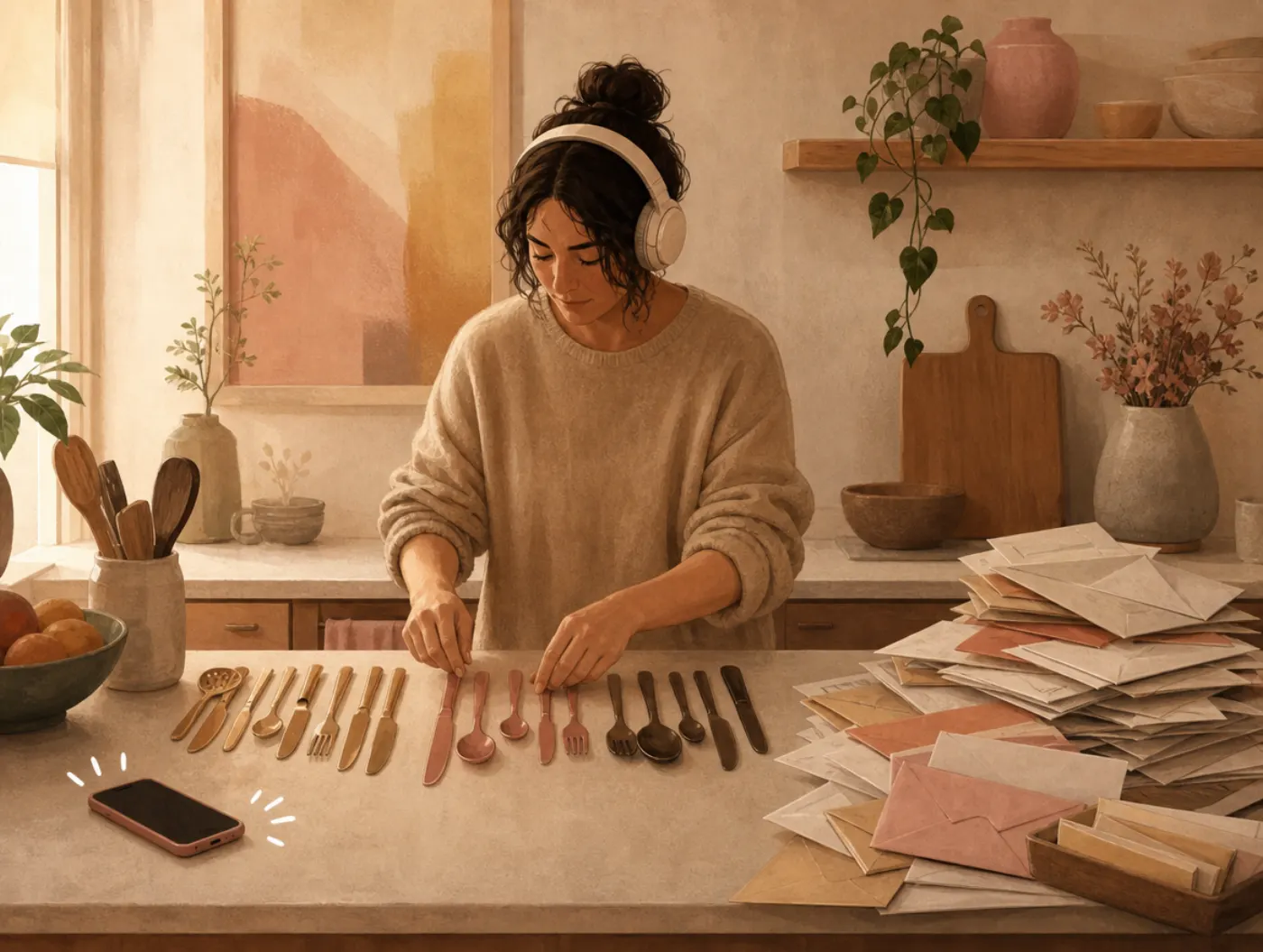 AuDHD Test: an adult in headphones lining up utensils by color while mail piles up unopened