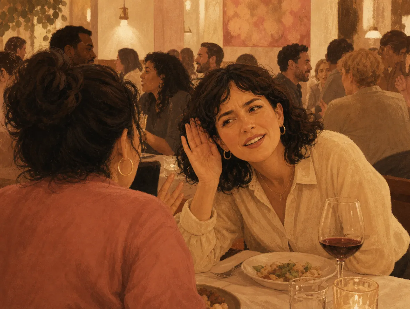 Auditory Processing Disorder Test: person in a loud restaurant leaning in, hand cupped behind ear, straining to hear a f