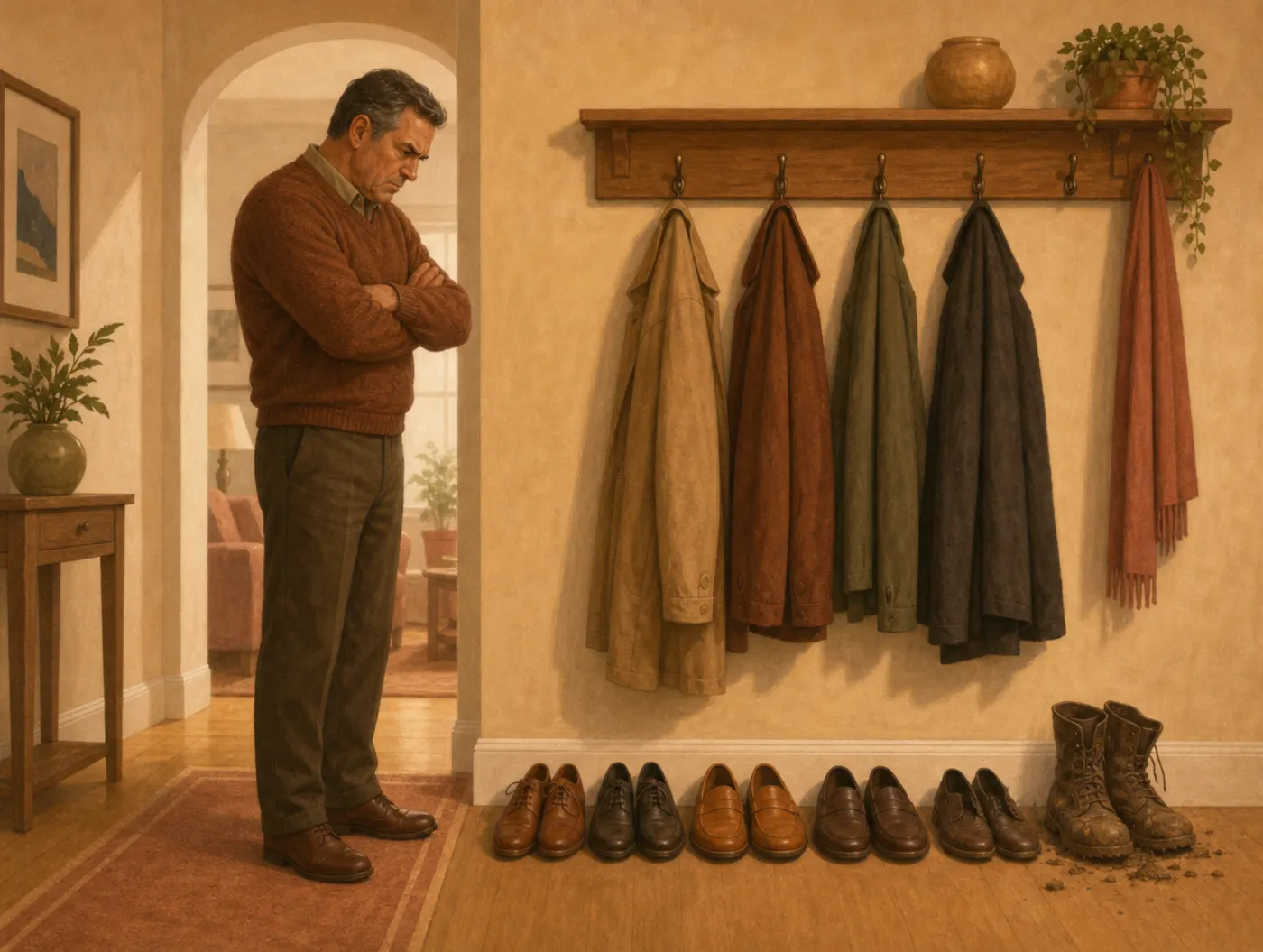 Authoritarian Personality Test: a stern man with crossed arms glares at one crooked muddy boot in a rigidly neat hallway