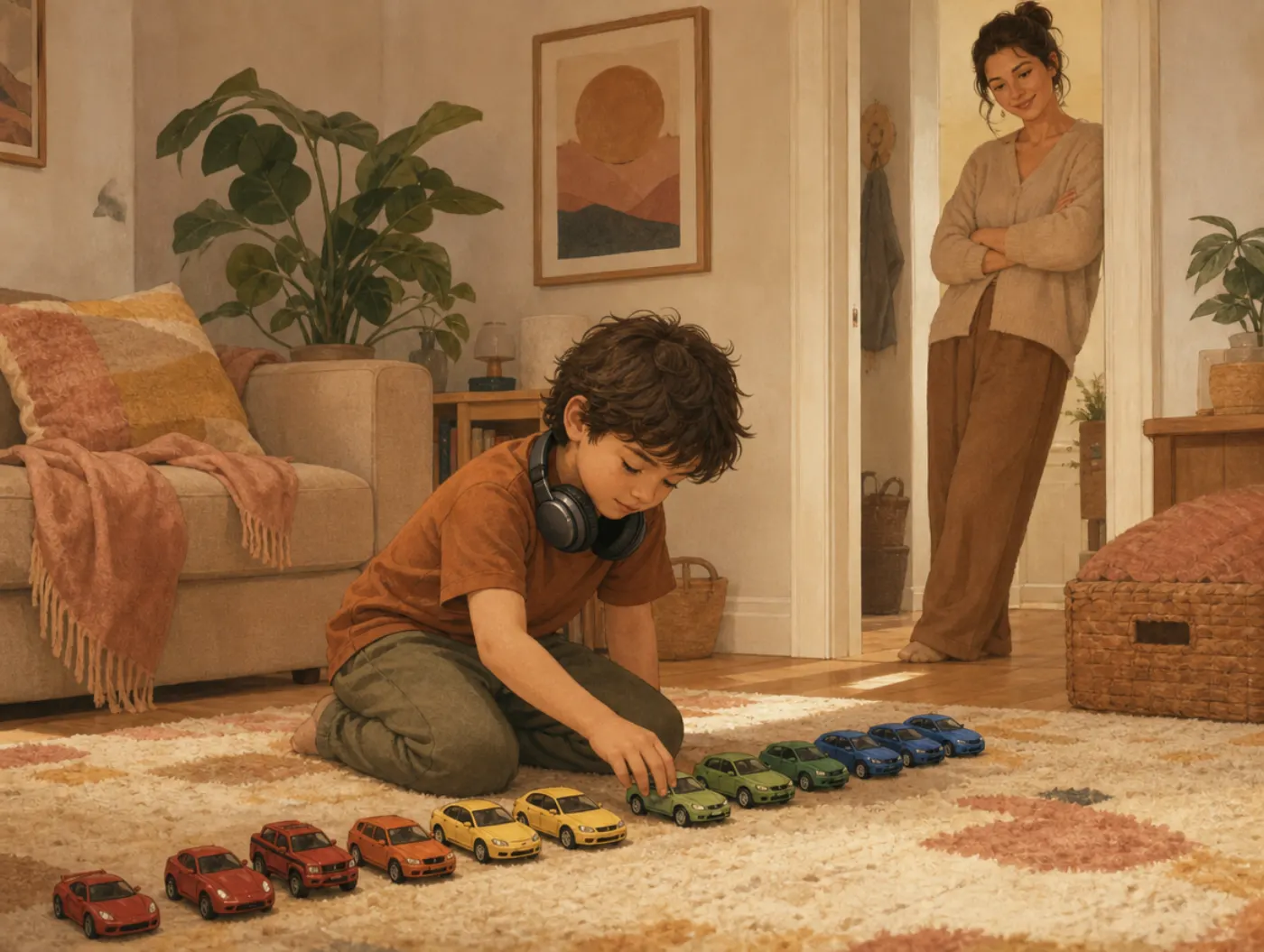 Child & Teen Autism Test: a child lines up toy cars by color, headphones around neck, parent watching nearby