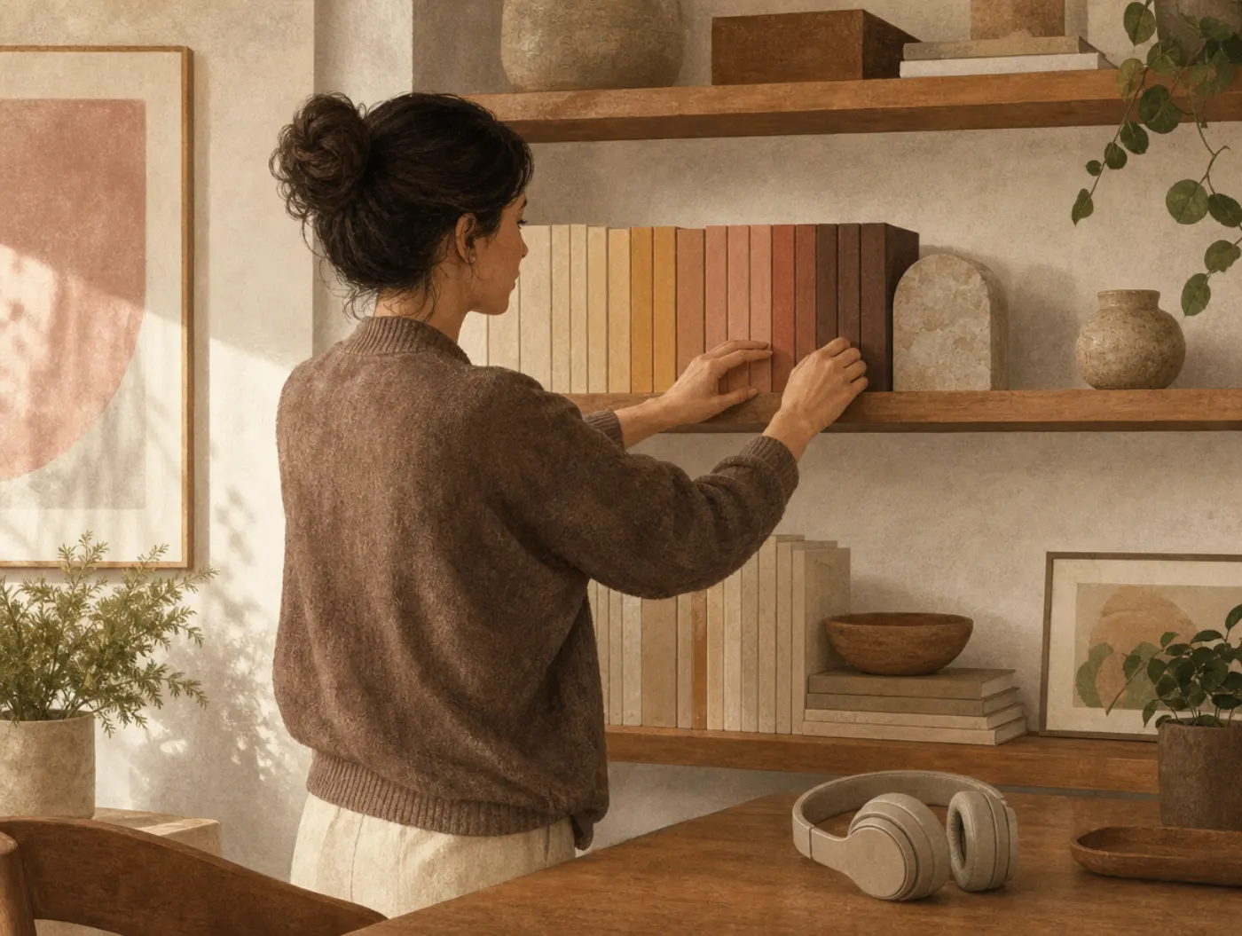 Autism Test: adult lining up books precisely on a shelf, noise-cancelling headphones resting nearby