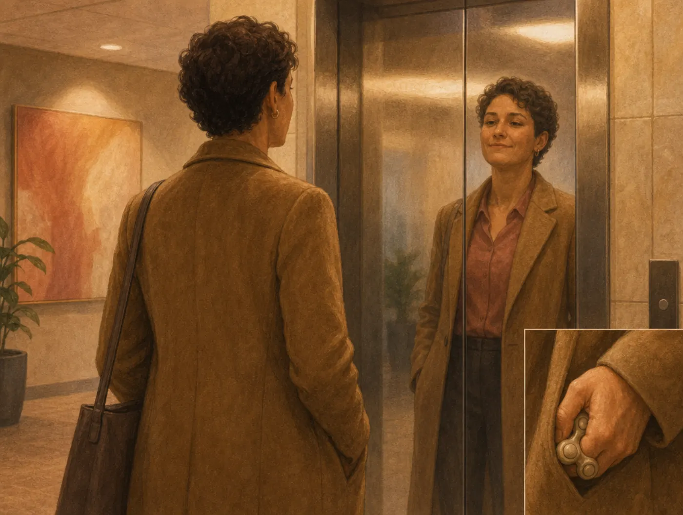 Autism Masking Test: adult rehearsing a smile in elevator doors, hand gripping a hidden fidget toy before a meeting