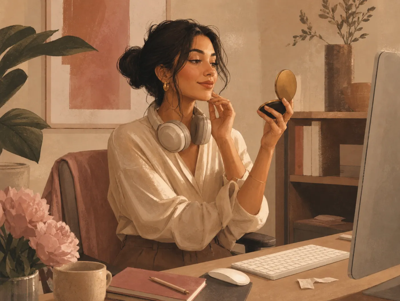 Autism Test for Women: a woman rehearsing her smile in a mirror at her desk, headphones around her neck, a snipped cloth