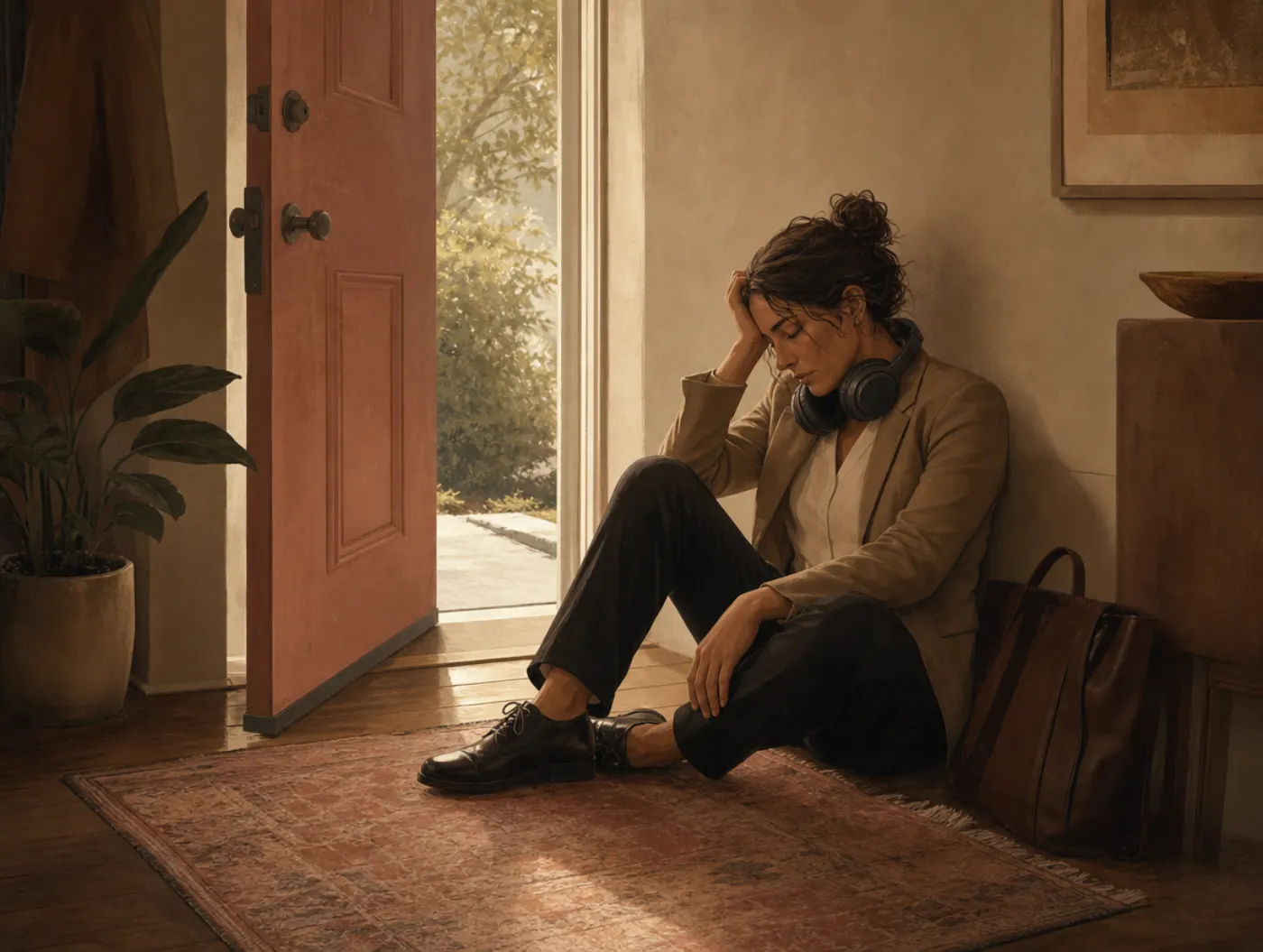 Autistic Burnout Test: an adult slumped by the front door in work clothes, headphones around their neck