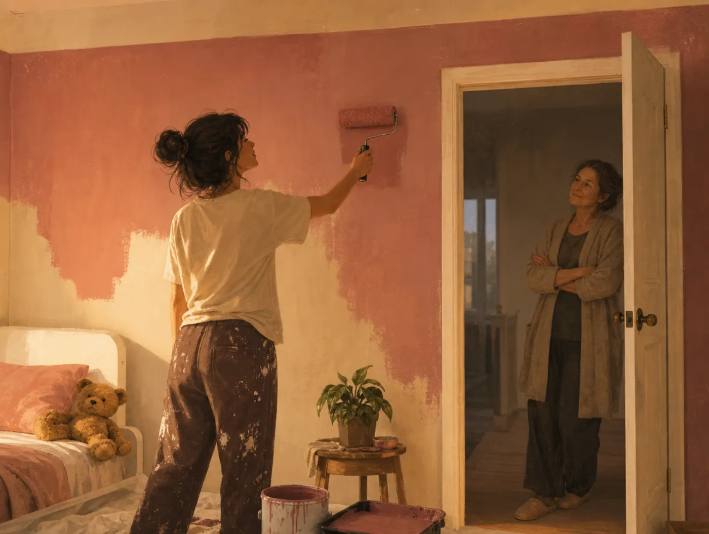 Autonomy Test: How Self-Directed Are You?: a person repaints a childhood bedroom in a color they have chosen while a parent watches the work.