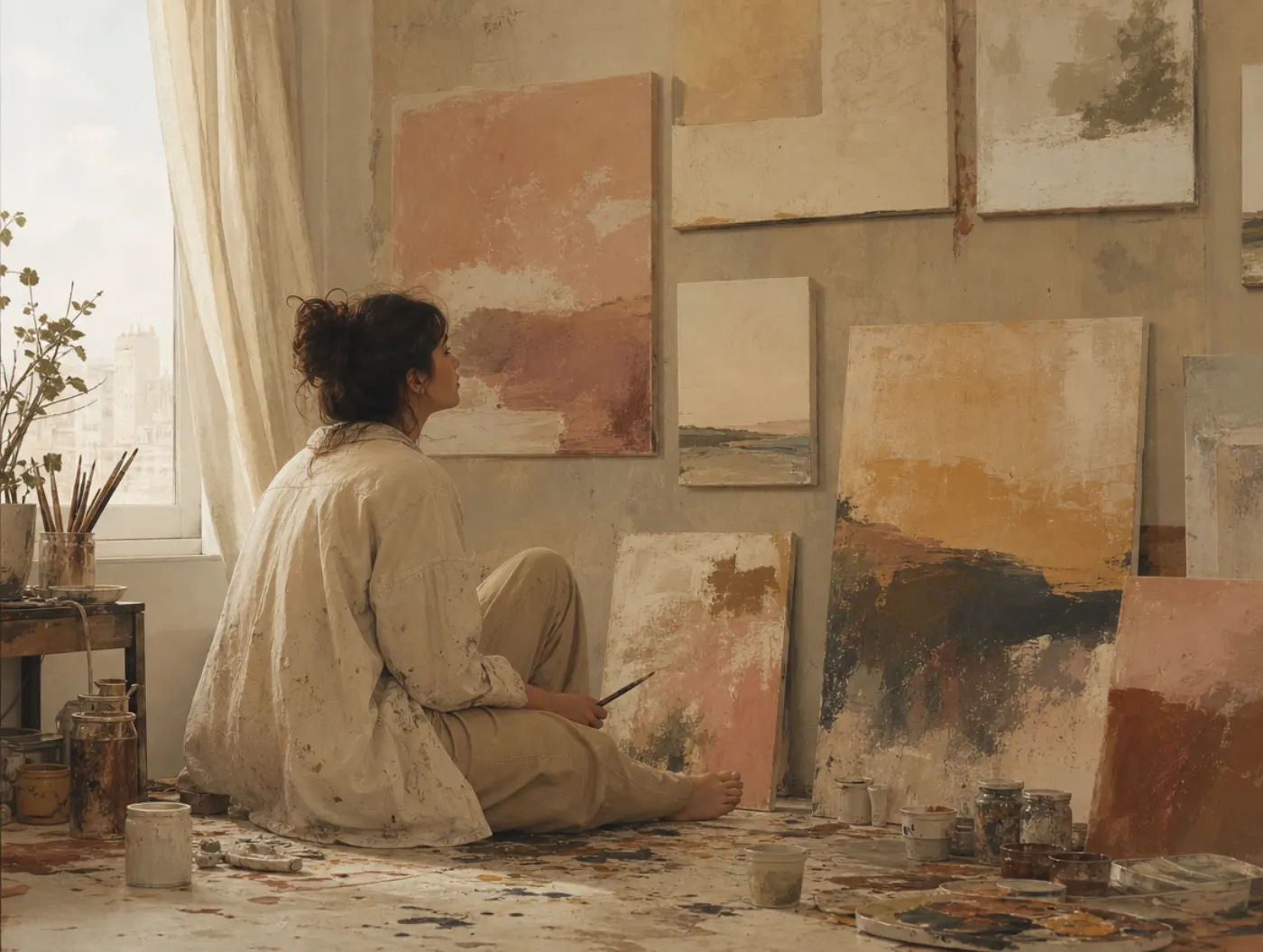 Bipolar Test: person still on the floor at dawn beside an all-night burst of half-finished painted canvases