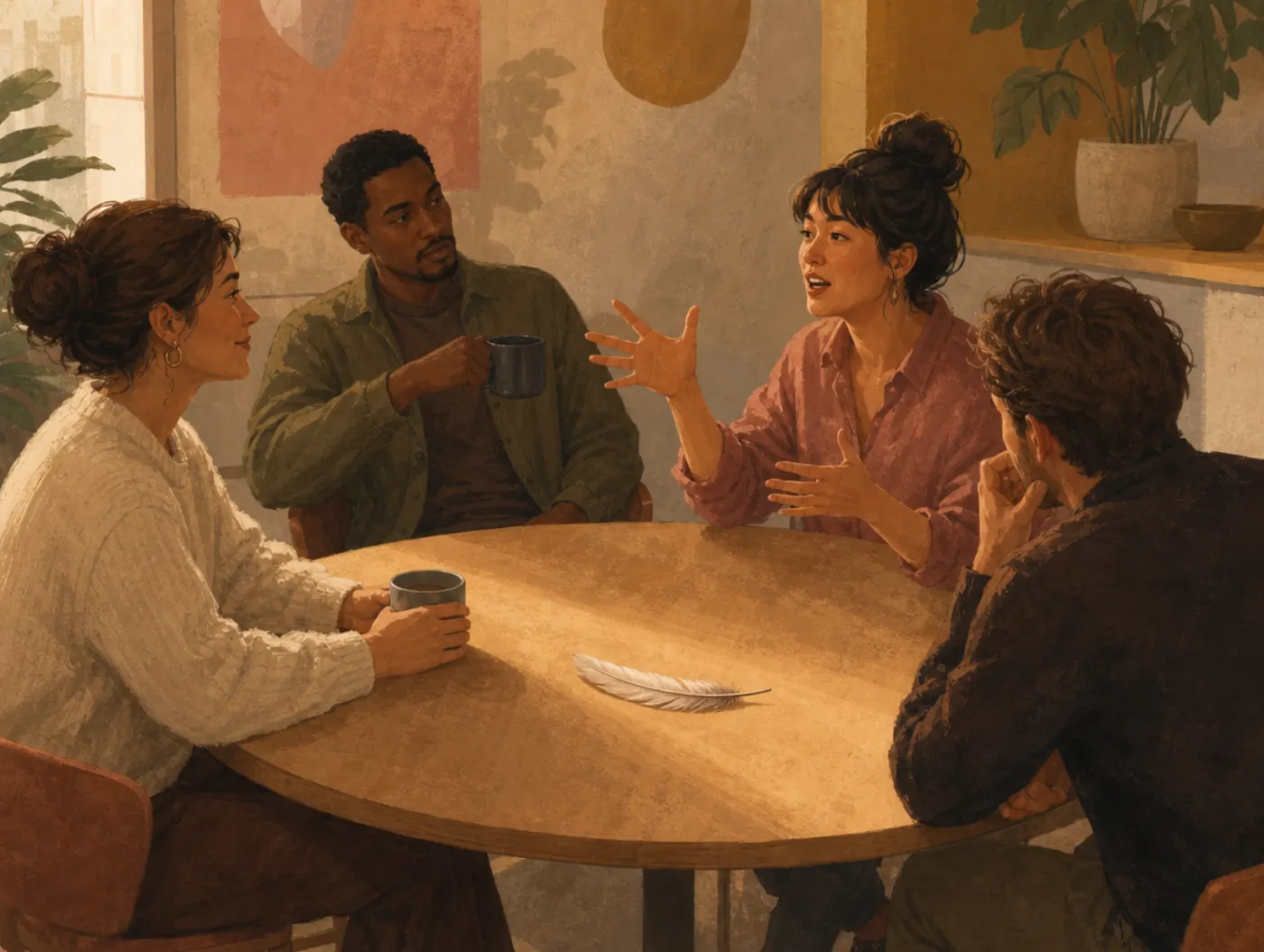 Bird Personality Test: four coworkers at a break-room table, one calm, one watchful, one animated, one decisive