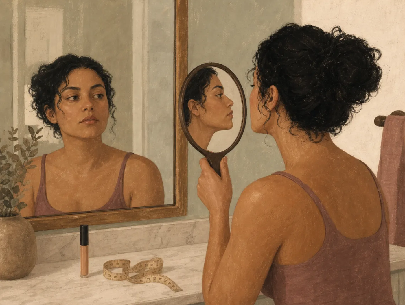 Body Dysmorphia Test: person checking their profile in a hand mirror at the bathroom counter, concealer and measuring ta