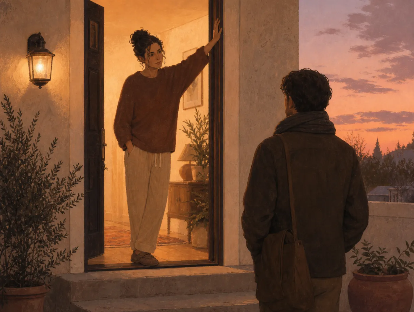 Boundaries Test: an adult standing in a doorway, hand on the frame, deciding whether to let a visitor in