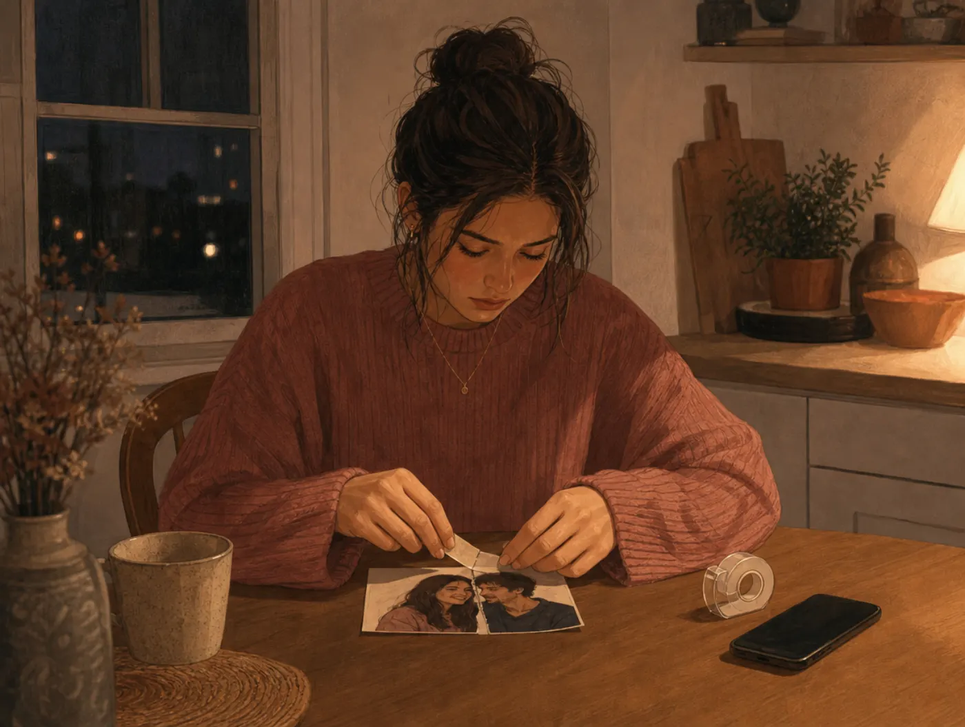 Borderline Personality Disorder Test: taping a torn photo of two people back together at night