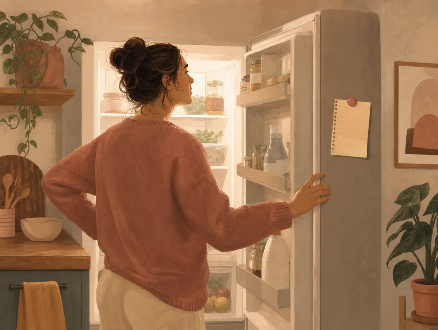 Brain Fog Test: a person staring into an open fridge, hand on the door, having forgotten what they came for