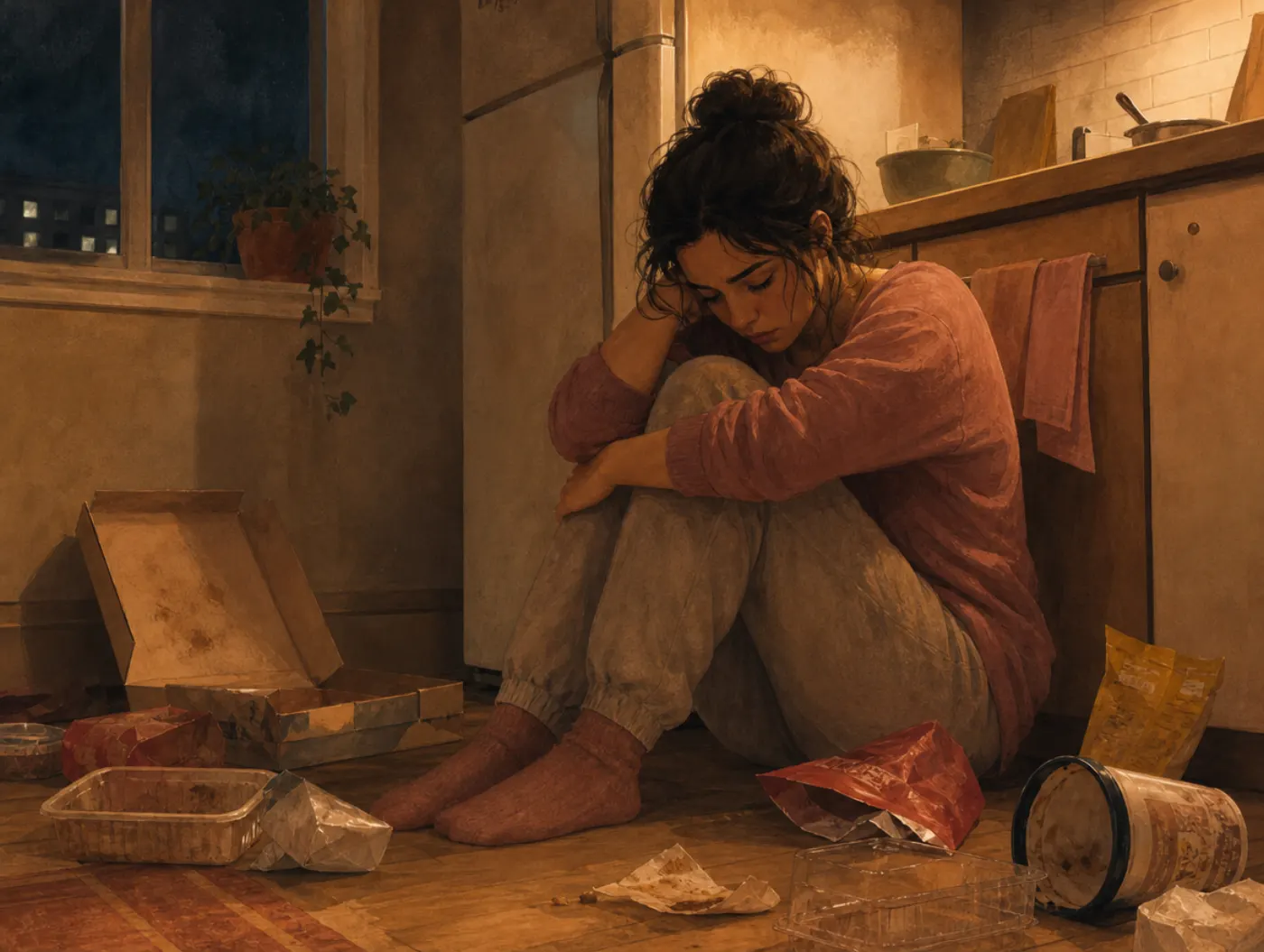Bulimia Nervosa Test: a person alone on a kitchen floor surrounded by empty food packages, looking troubled