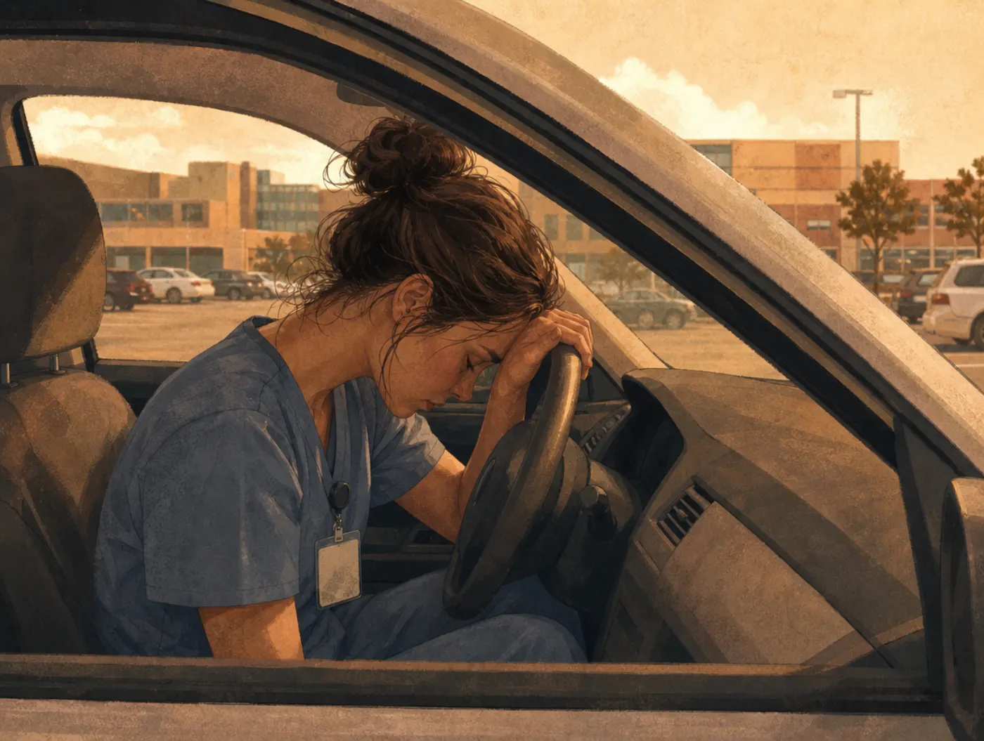 Burnout Test: a nurse in scrubs resting her head on the steering wheel in a hospital parking lot after her shift