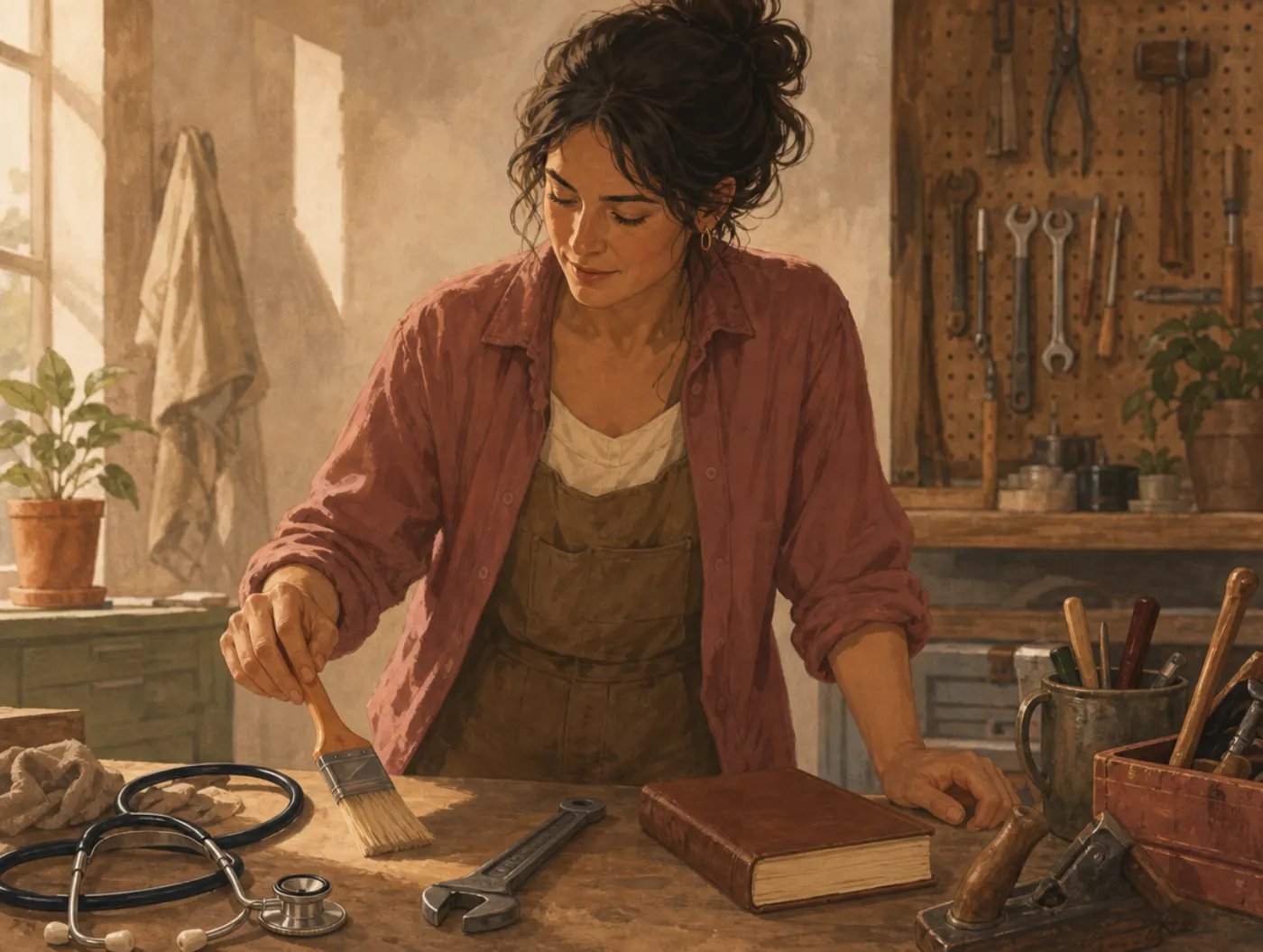 Career Aptitude Test: adult at a workbench weighing tools from different trades, picking one up