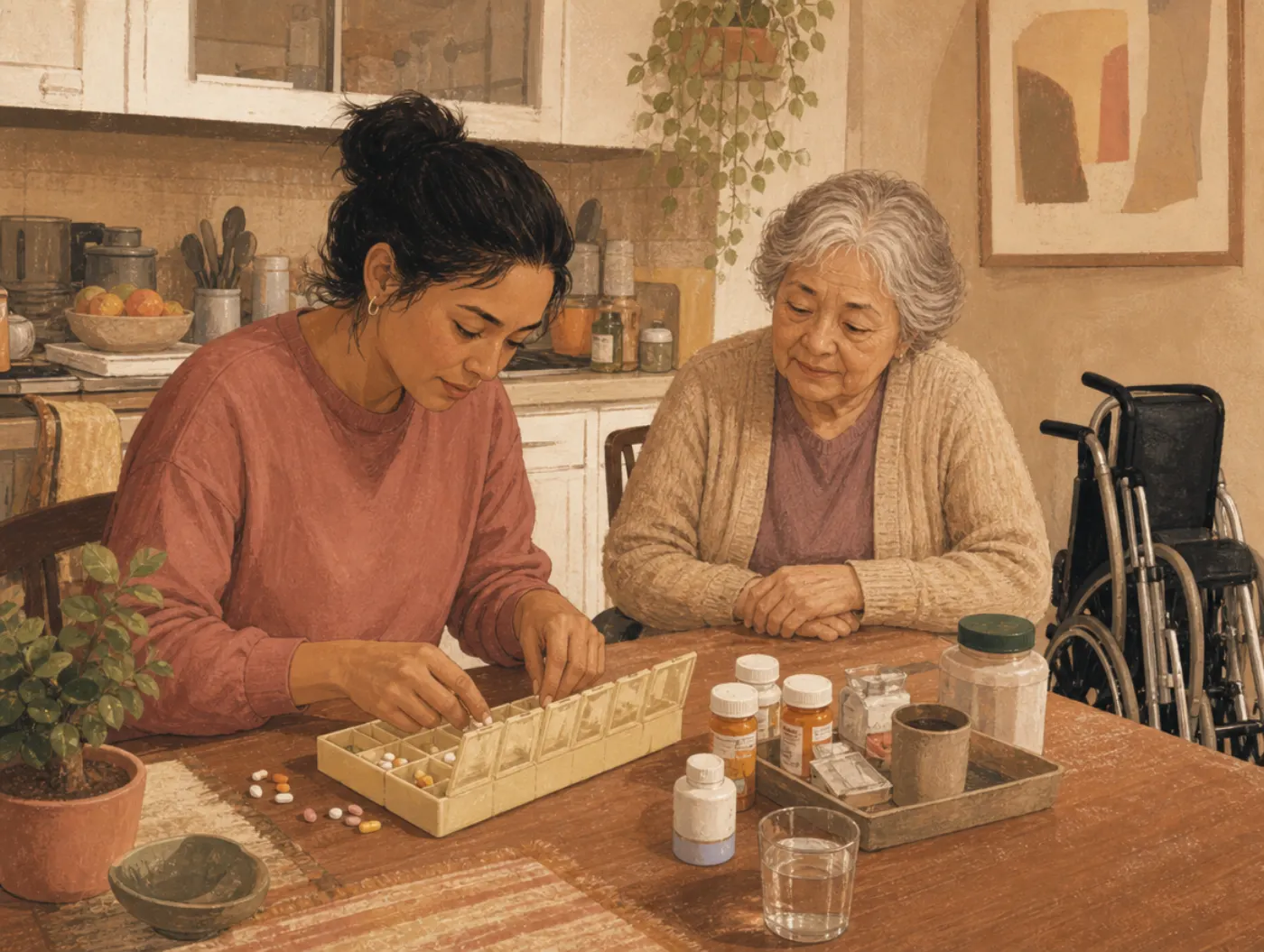 Caregiver Burnout Test: adult filling a pill organizer beside a seated elderly parent, a folded wheelchair against the w