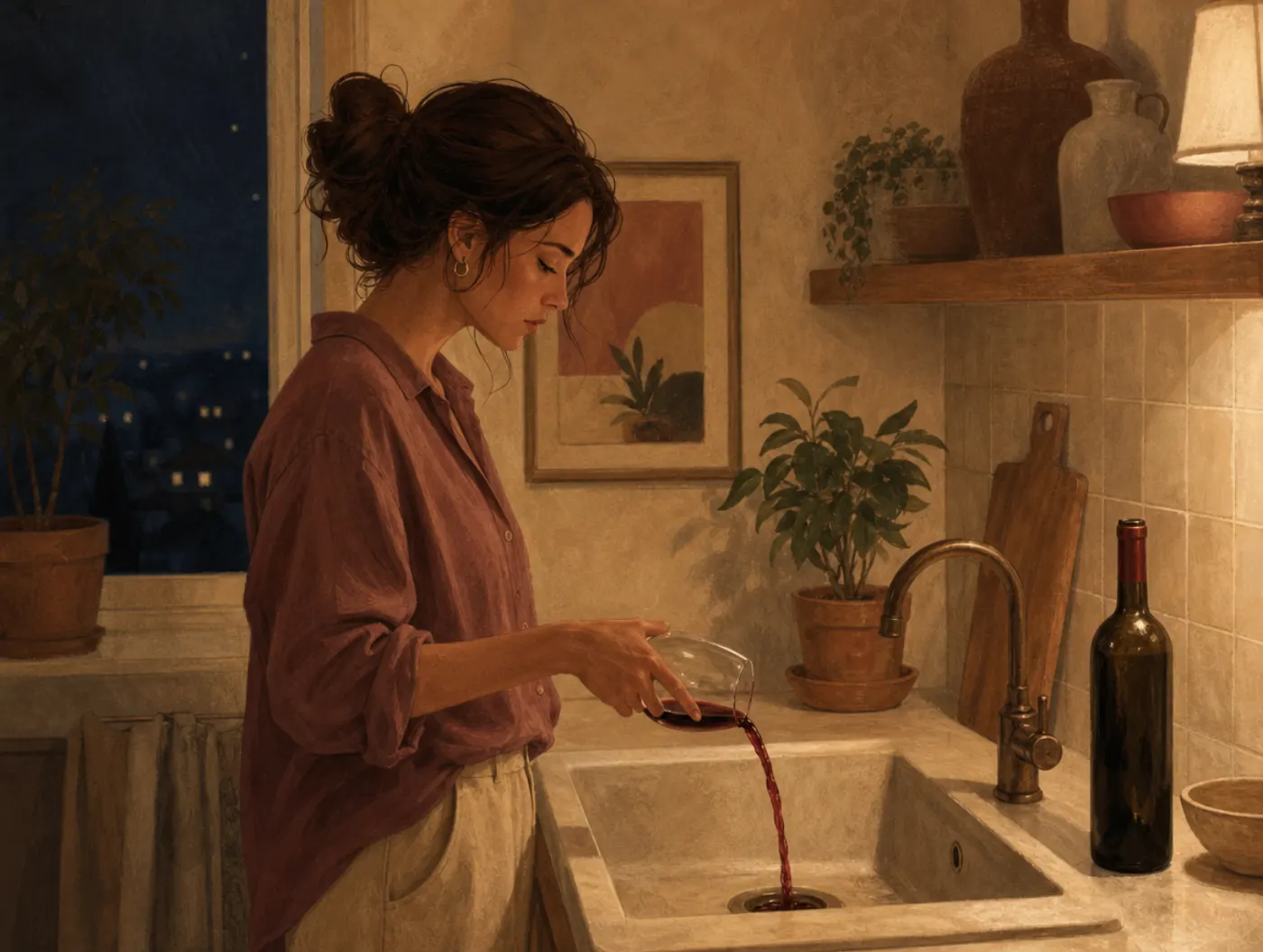 Addiction and habit tests: an adult pouring a glass of wine down the sink beside an unopened bottle