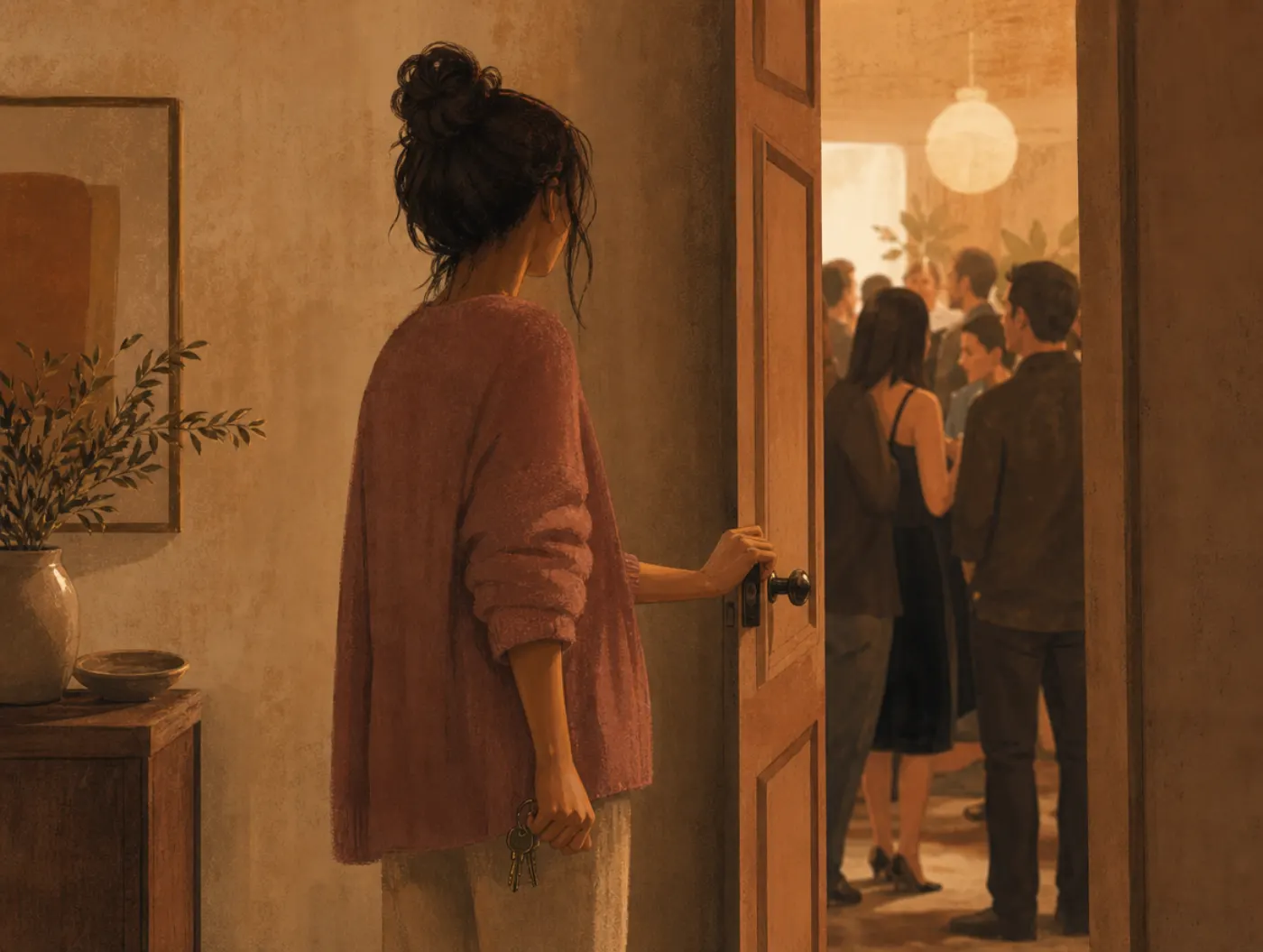 Anxiety and OCD tests: a person frozen at a doorway, hand on the handle, keys clenched, unable to step into the crowded