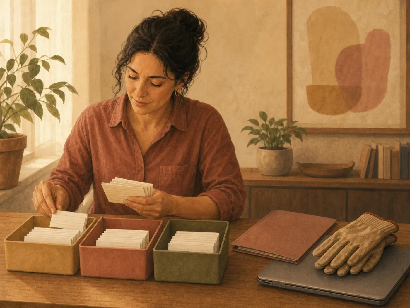Career and work tests: an adult sorting index cards into trays, a resume folder and work gloves nearby