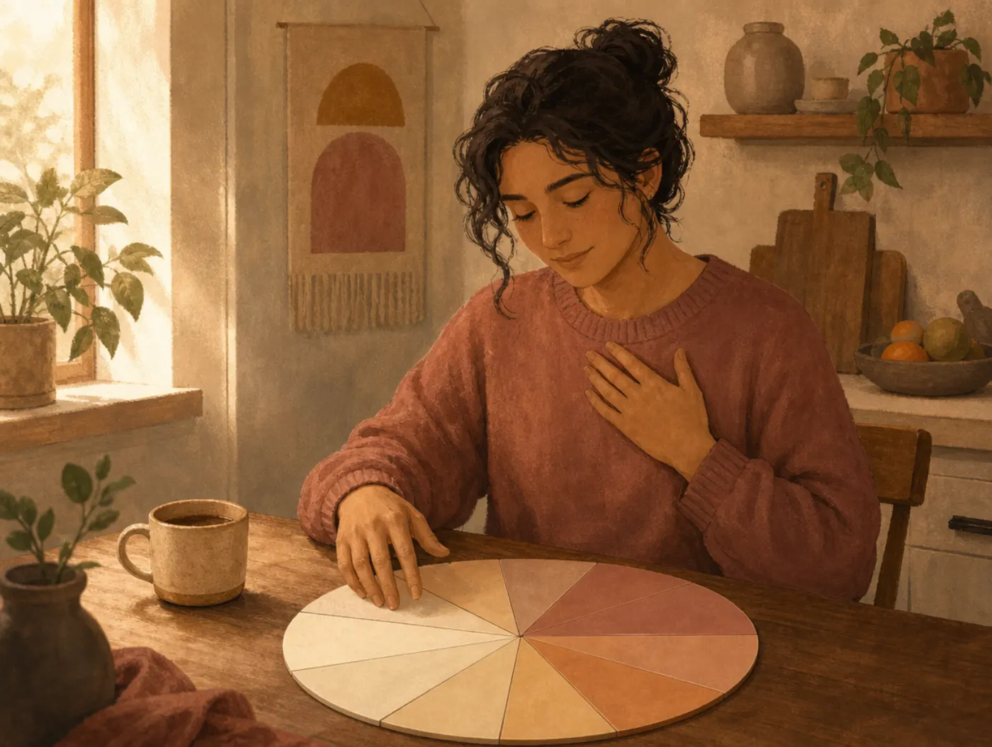 Emotion and regulation tests: adult at a table pausing over a blank feelings wheel, one hand resting on their chest