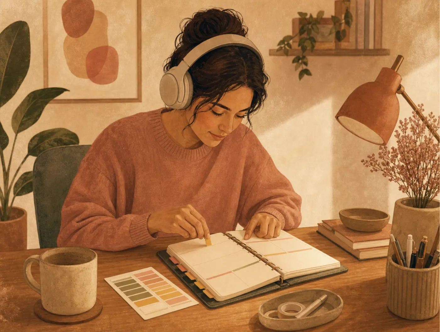 Neurodivergence and learning tests: an adult wearing headphones color-codes a tabbed planner at a desk