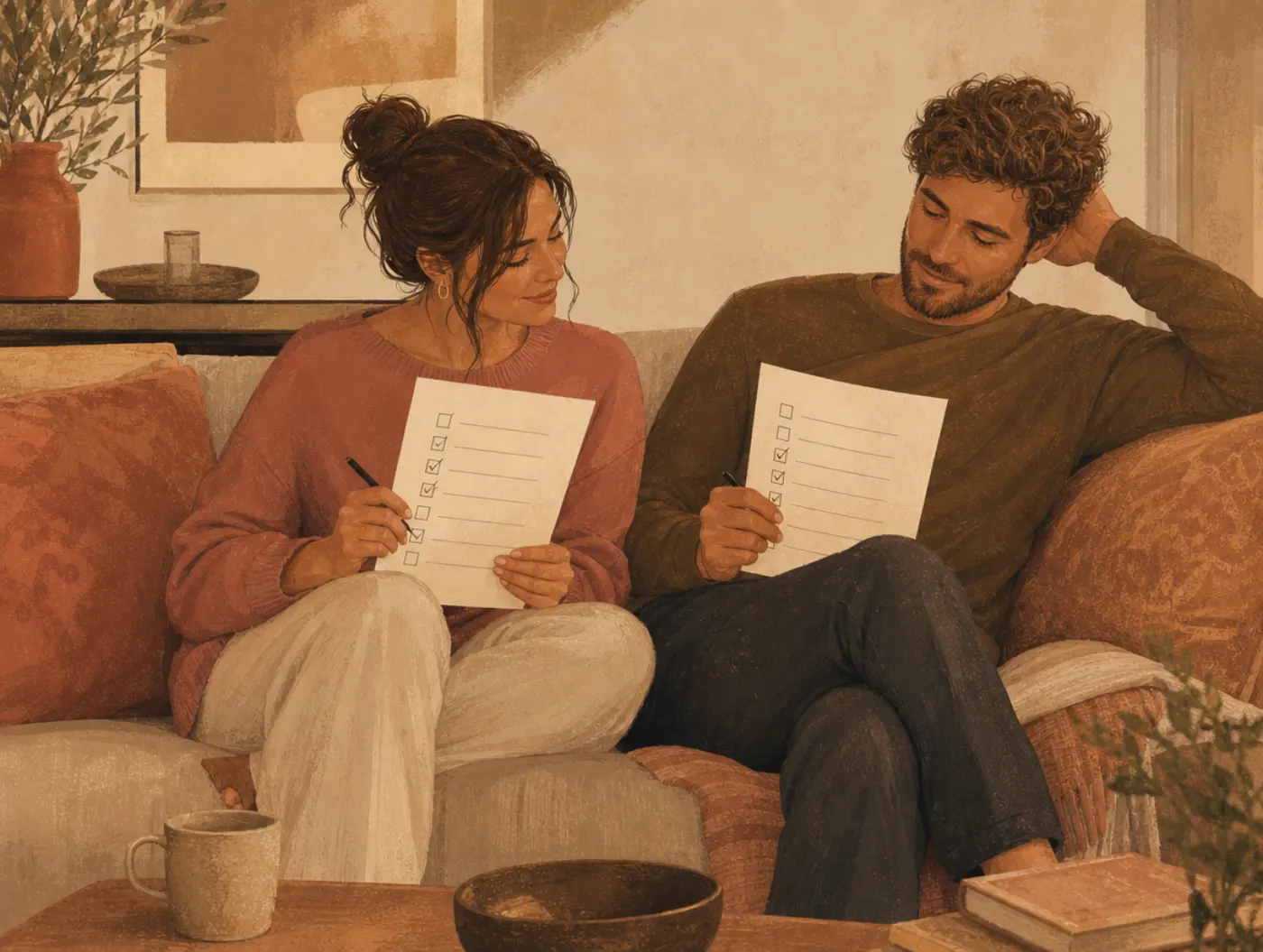 Relationship tests: a couple on a couch each marking checkboxes on paper questionnaires, comparing answers