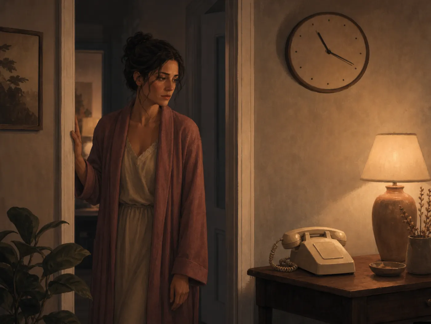 Catastrophizing Test: a woman in a dim hallway at night grips a doorframe, staring at a silent phone, clock past midnigh