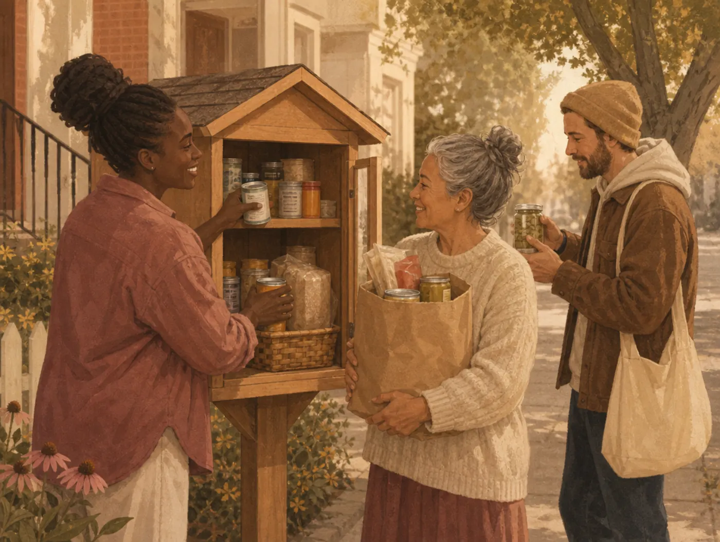 Character Strengths Test: a volunteer stocking a neighborhood pantry box while a neighbor waits with a bag