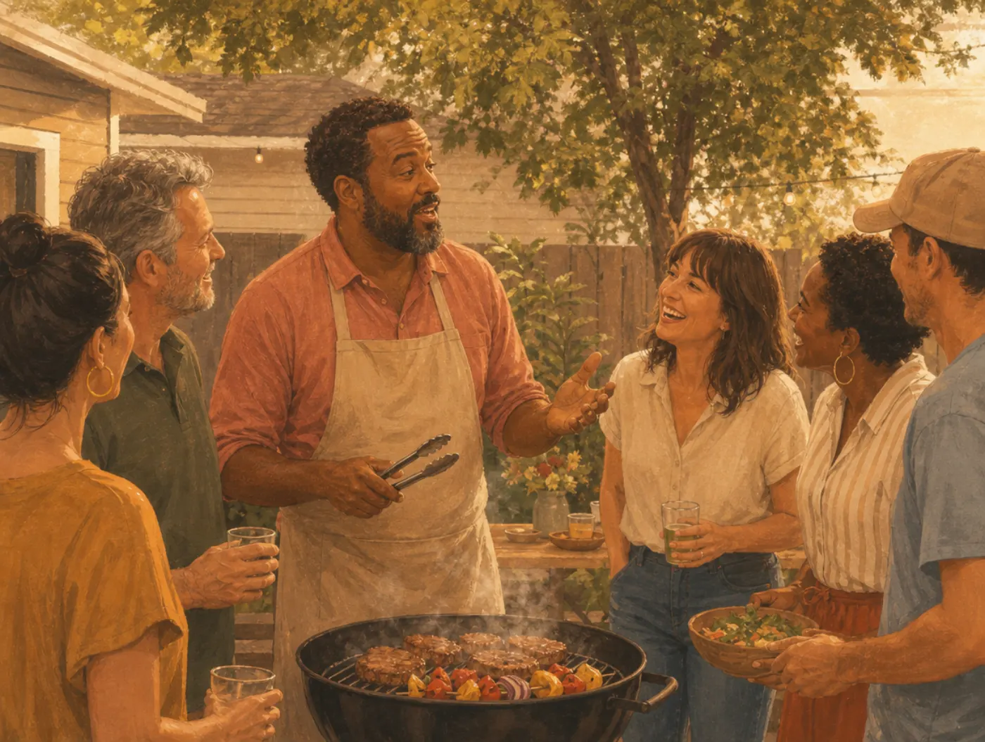 Charisma Test: a backyard host holds tongs, guests leaning in and laughing around him