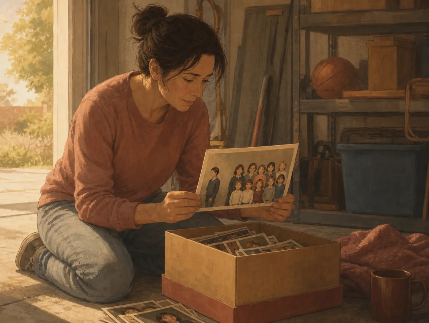 Childhood Emotional Neglect Test: adult sorts old photos, pausing where they stand apart from family