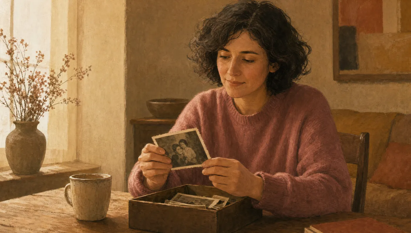 Childhood Trauma Test: Adult gazing at an old childhood photograph, sitting at a table in quiet reflection