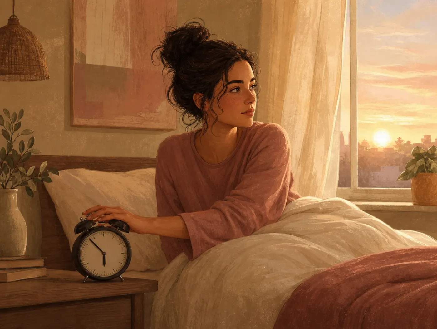Chronotype Test: a person waking naturally at dawn, switching off the alarm clock moments before it rings