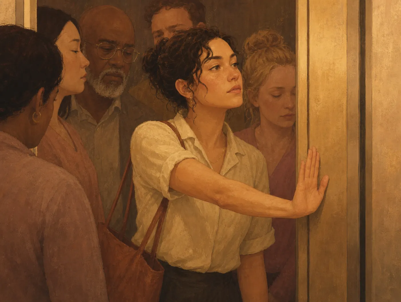Claustrophobia Test: a person hesitating at the edge of a crowded elevator, bracing a hand against the closing doors