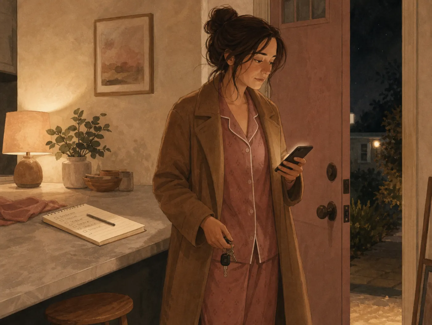 Codependency Test: adult with car keys by the door at night, phone ringing, unfinished to-do list behind them