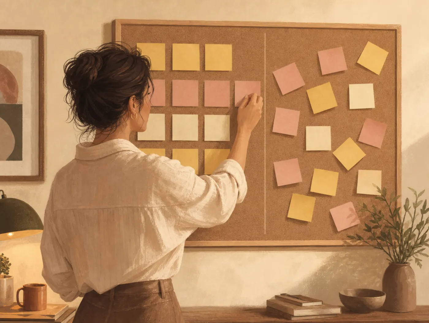 Cognitive Functions Test: a person pinning sticky notes on a corkboard, one side a neat grid, the other a loose cluster