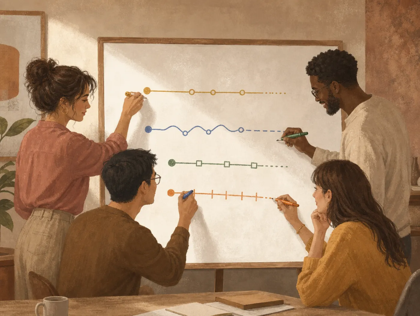 Color Personality Test: four coworkers at a whiteboard, each using a different colored marker to plan a project