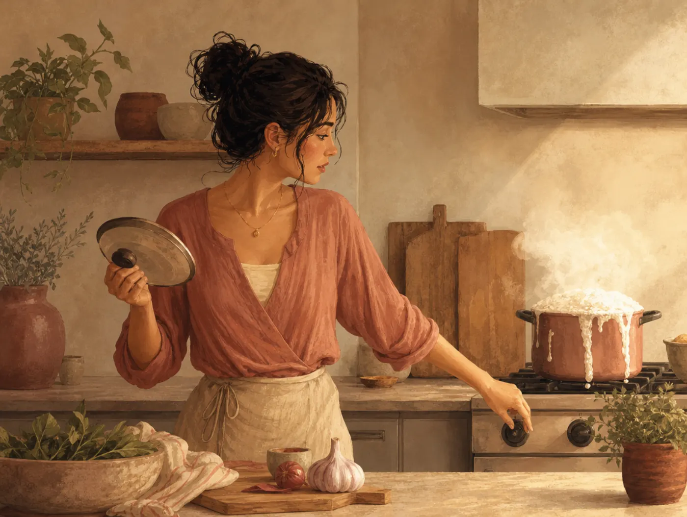 Common Sense Test: a woman at a kitchen counter reaches for the stove knob as a pot starts to boil over