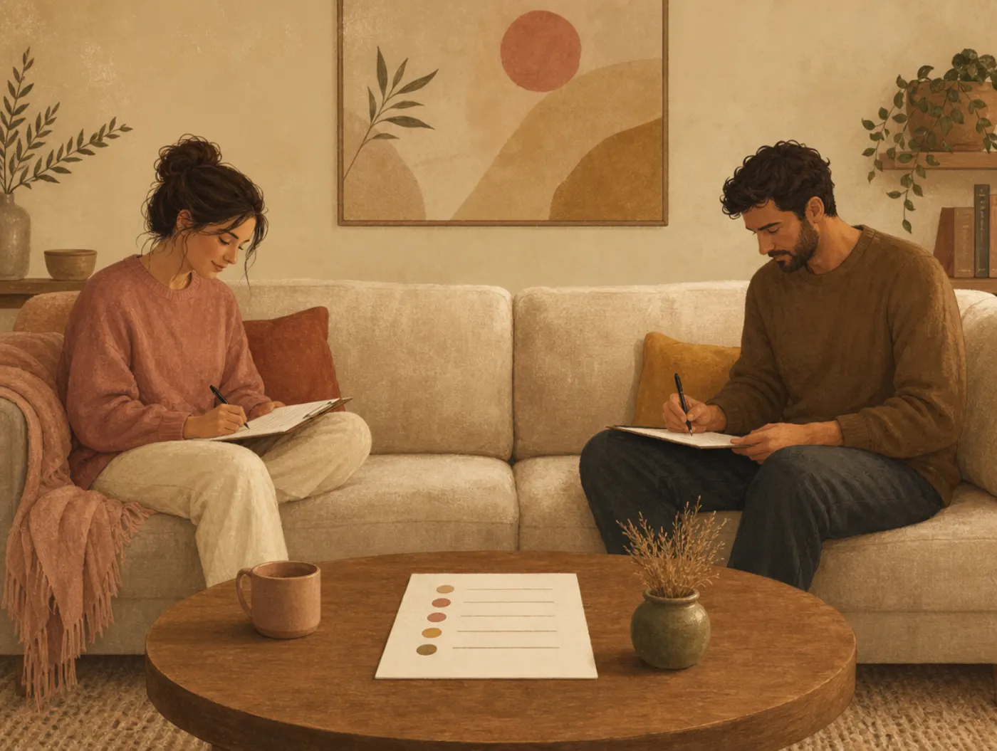 Compatibility Test: two partners each filling out a separate worksheet, a shared checklist resting on the table between