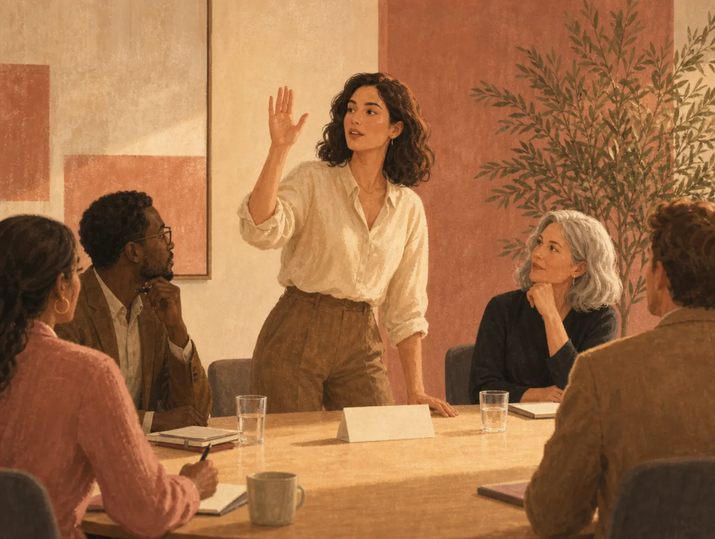 Confidence Test: a person rising to speak at a table, hand raised, colleagues turning toward them