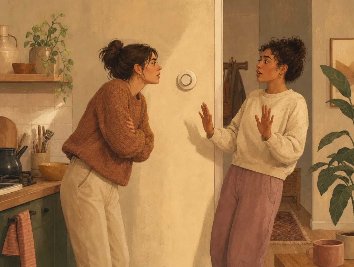 Conflict Style Quiz: two housemates arguing over the thermostat dial in a kitchen