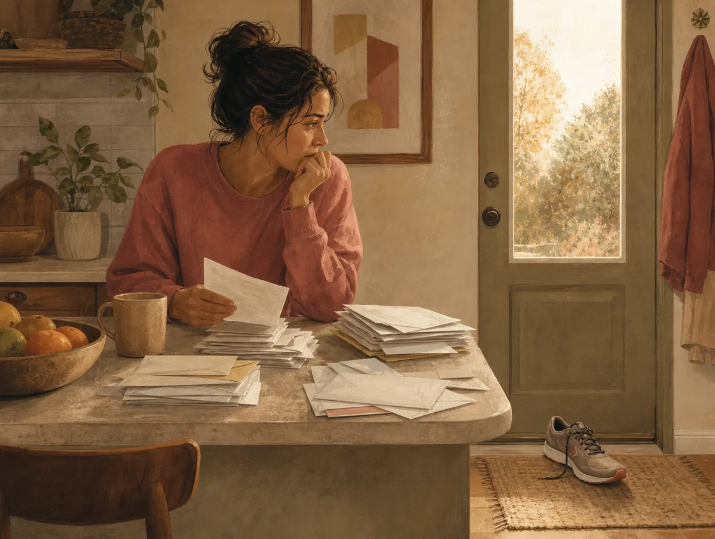 Coping Styles Test: a person sorting overdue bills at a counter, one running shoe laced by the door