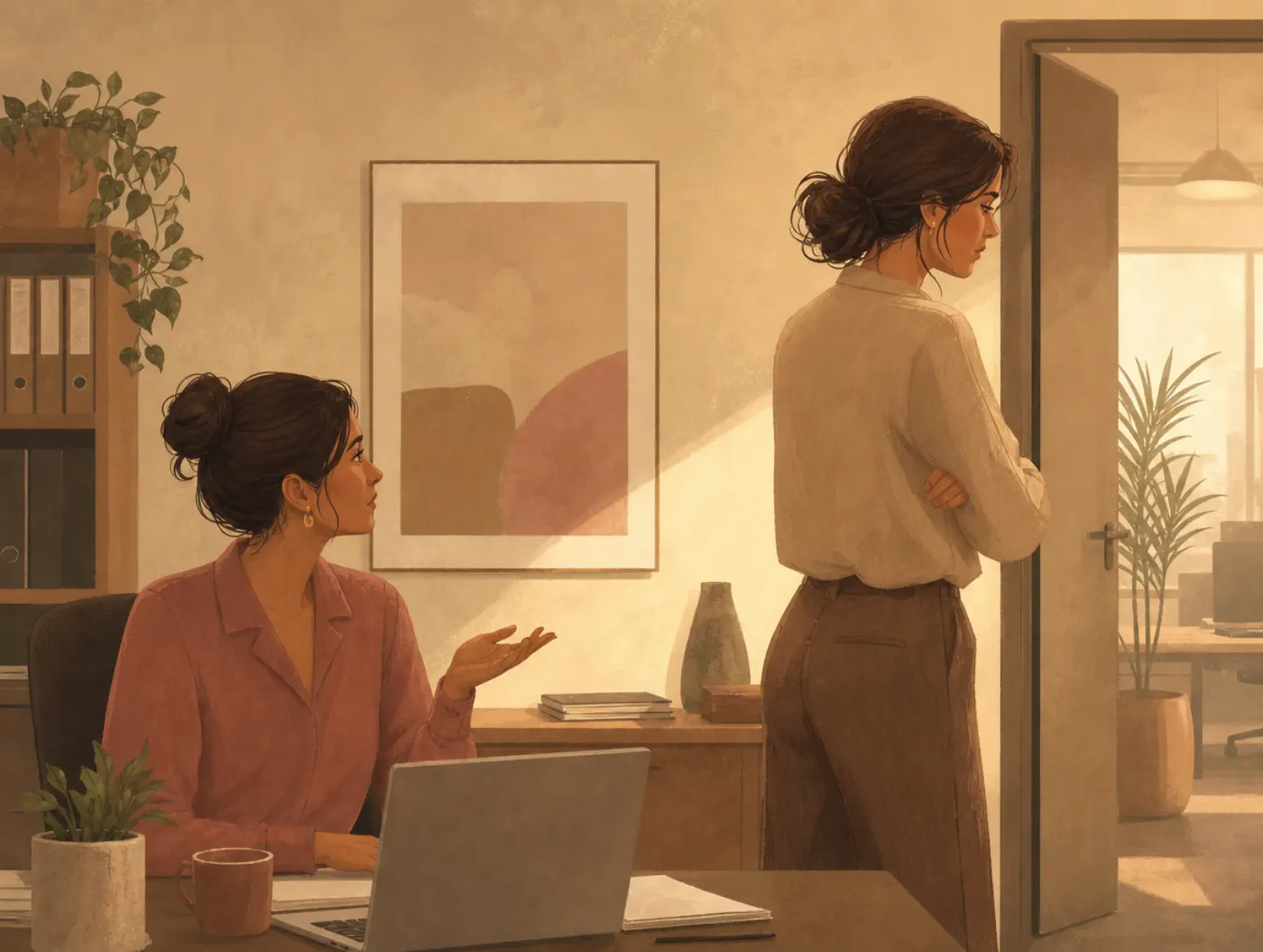 Covert Narcissist Test: adult stiffly apologizing to a coworker, arms crossed, turning toward the doorway to leave