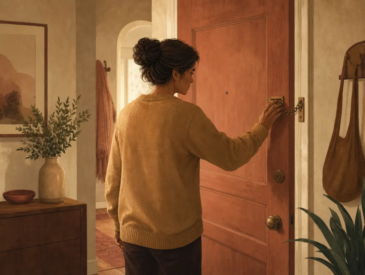 Complex PTSD Test: an adult tensely rechecking a front door's chain lock before stepping away