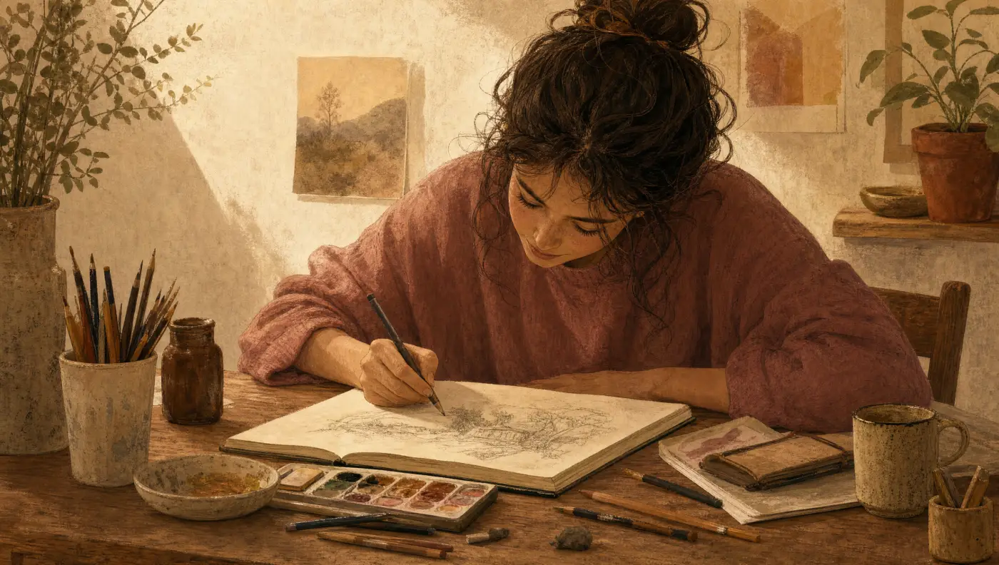 Creativity Test: Person sketching in a sketchbook with colored pencils and supplies at a table