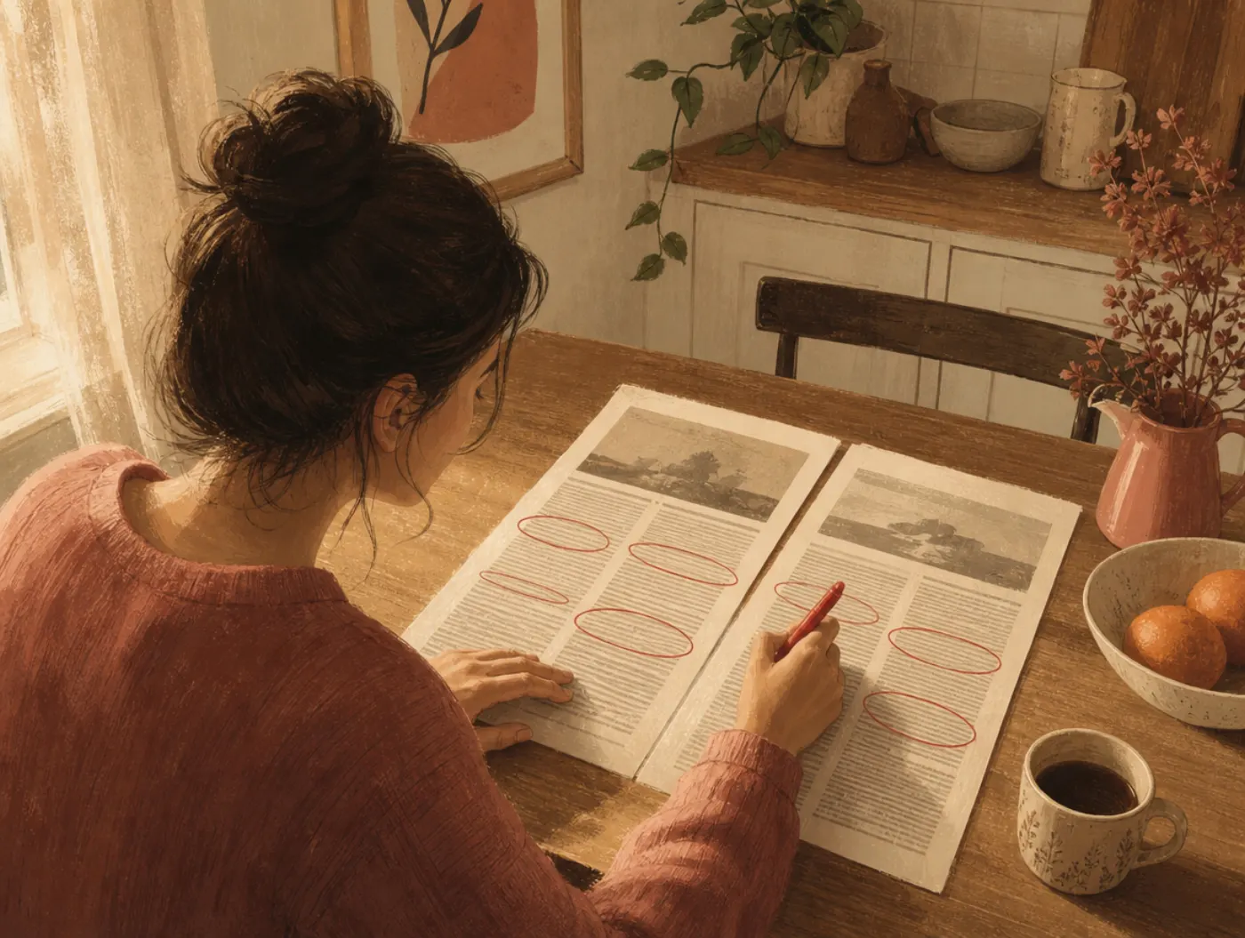 Critical Thinking Test: person comparing two opinion columns side by side, circling contradictions in red pen