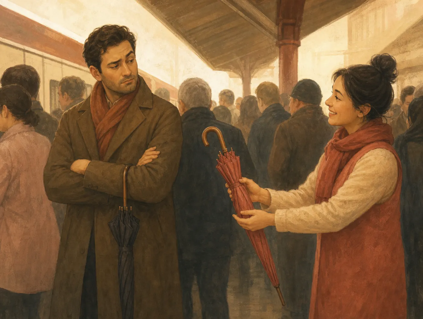 Cynicism Test: a man with folded arms eyes a smiling stranger offering him a free umbrella on a platform