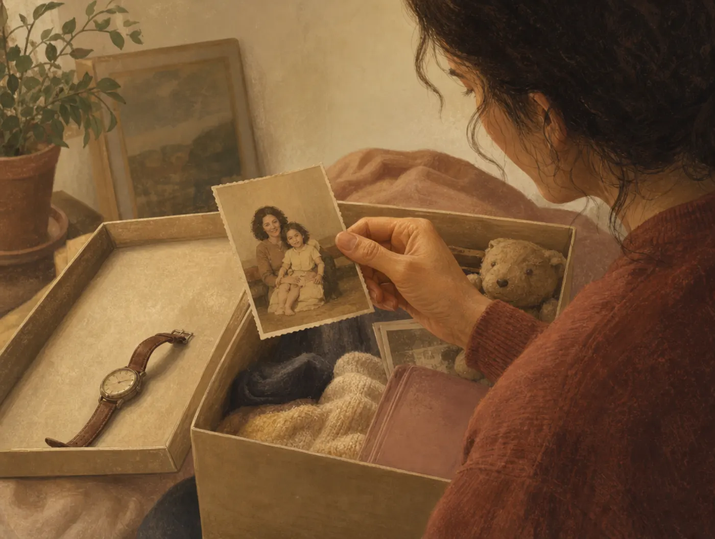 Daddy Issues Test: adult holding a childhood photo, father cropped out, an old wristwatch on a keepsake box