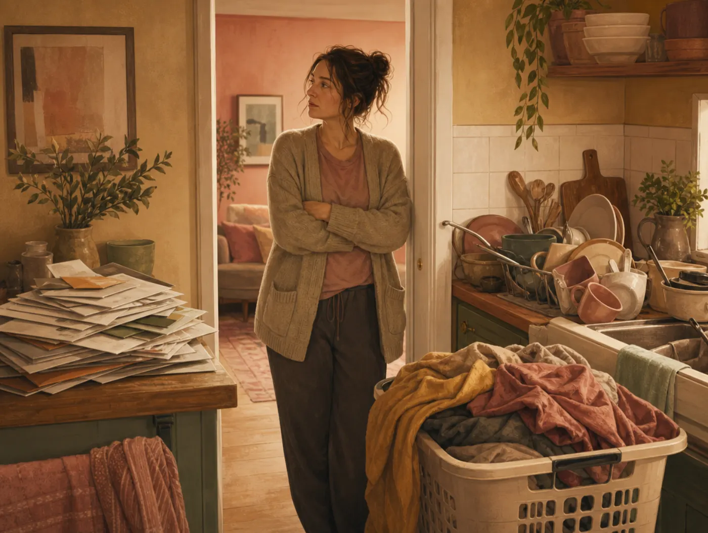 Daily Functioning Test: person in kitchen doorway with unopened mail, full laundry basket, and dishes piled in the sink